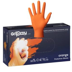 Manusi Nitril Gofrate Diamantate GripZzly, Portocalii, Rezistente la Chimicale si Uleiuri, 9G, 50 buc